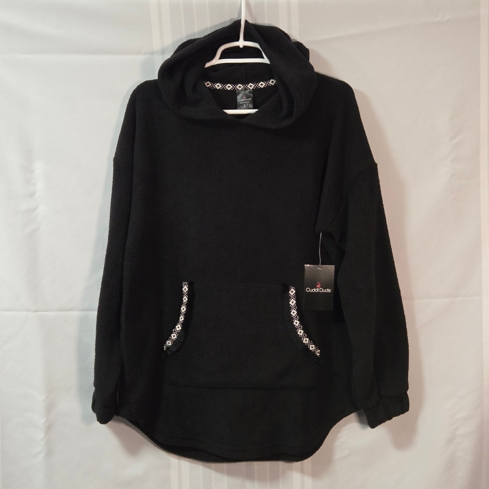 Cuddl Duds Hoodie Womens S Black Fleece Pullover Pocket Fringe CD8824610